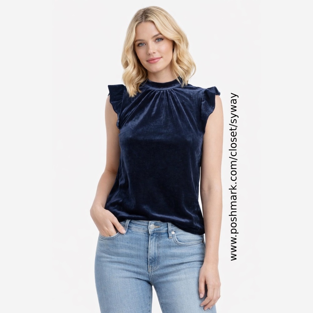 Olive + Oak Blue Velvet Flutter Sleeve Blouse Mock Neck Pullover